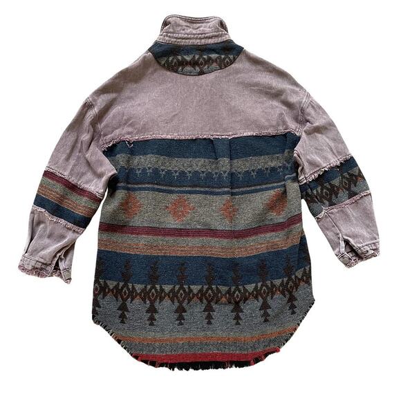 Rare POL Aztec Shacket S M | Western Patchwork Jacket, Fringe Hem, Oversized Fit - Picture 3 of 6